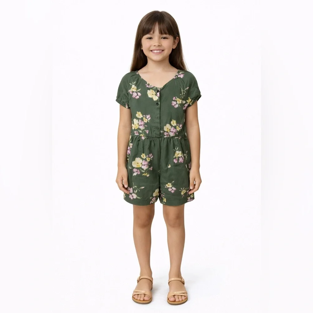 Old Navy Girls Floral Romper Green Smocked Back Size S 6/7